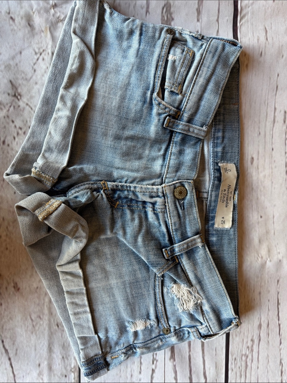 Abercrombie & Fitch Low Rise Light Blue Distressed Cuffed Denim Shorts